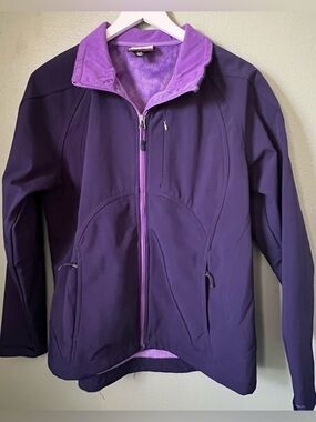 Double Diamond Rain Jacket. Navy blue with soft, purple lining. Size large.